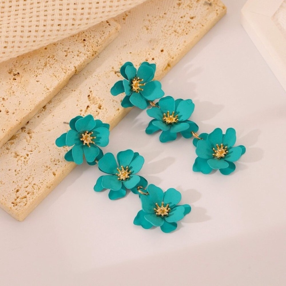 NEW Teal Blue and Gold Flower Drop Statement Earrings Pierced
